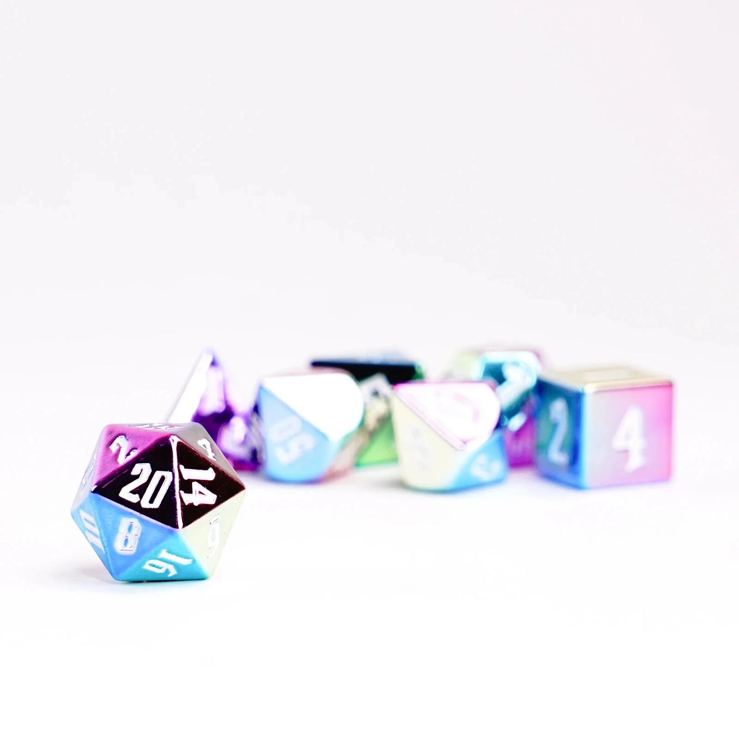 Rainbow Aegis w/ White Numbers 16mm Aluminum Plated Acrylic Poly Dice MDG0032