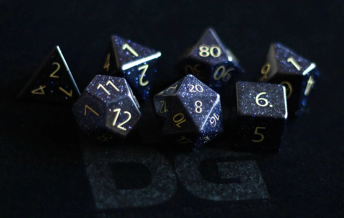 Engraved Blue Sandstone: Full-Sized 16mm Polyhedral Dice Set MDG0202