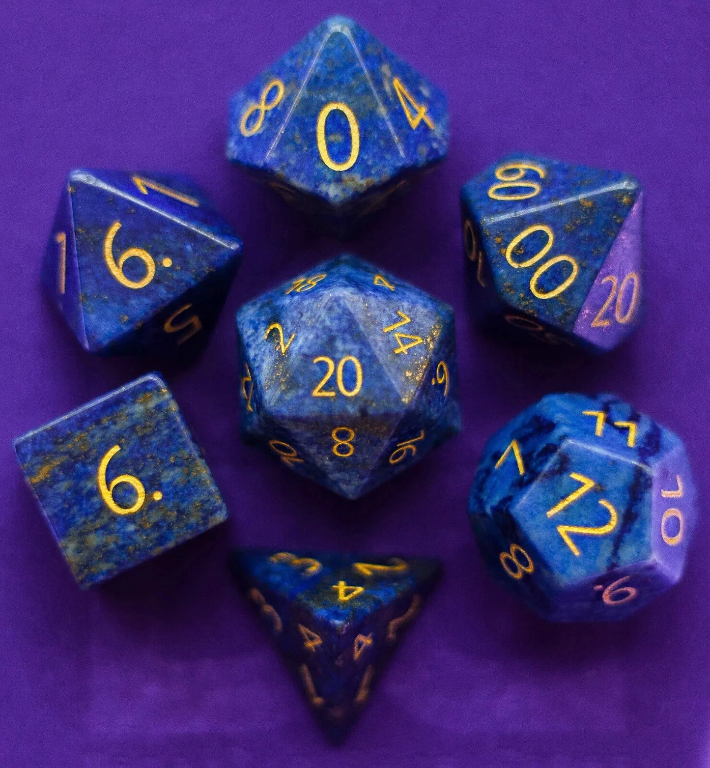 Engraved Lapis Lazuli: Full-Sized 16mm Polyhedral Dice Set MDG0210