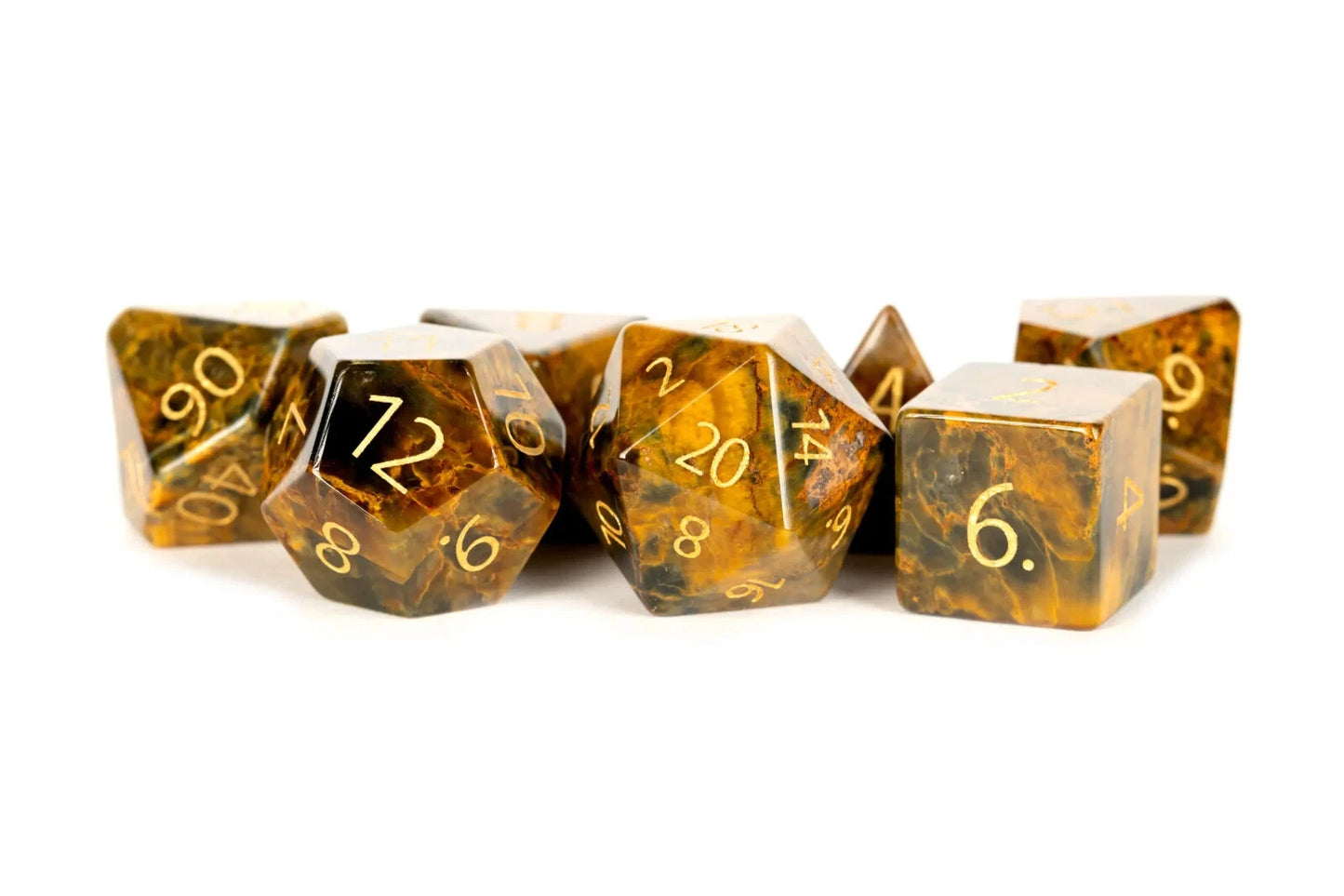 Engraved Matrix Tiger’s Eye: Full-Sized 16mm Polyhedral Dice Set MDG0219