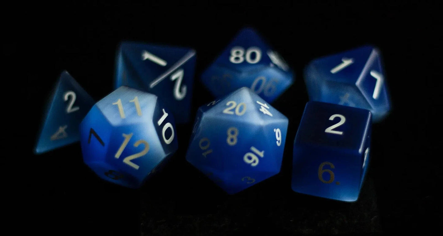 Cat’s Eye Frosted Blue: Full-Sized 16mm Polyhedral Dice Set MDG0237