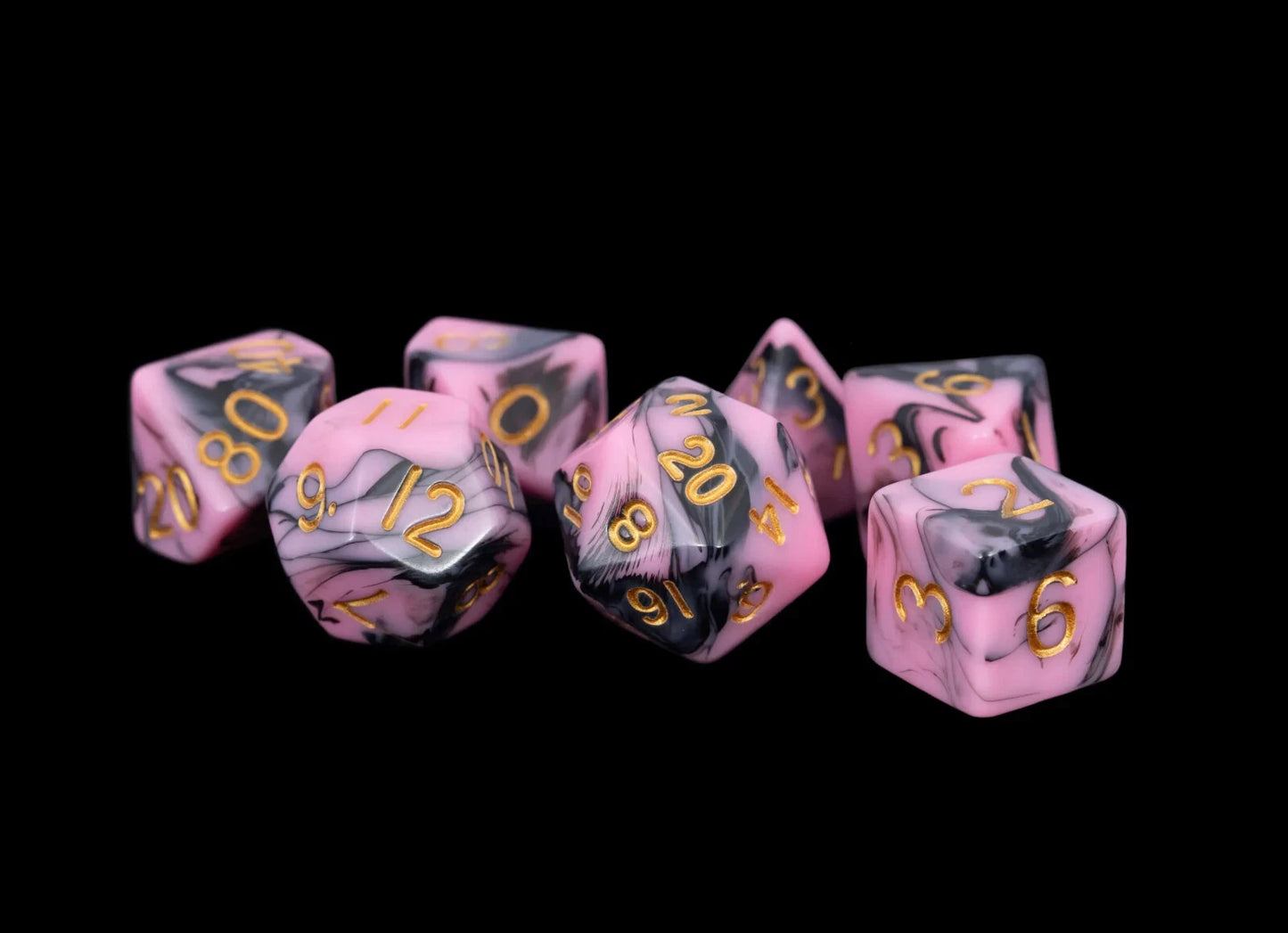 Pink and Black Marble with Gold Numbers 16mm Poly Dice Set MDG0173