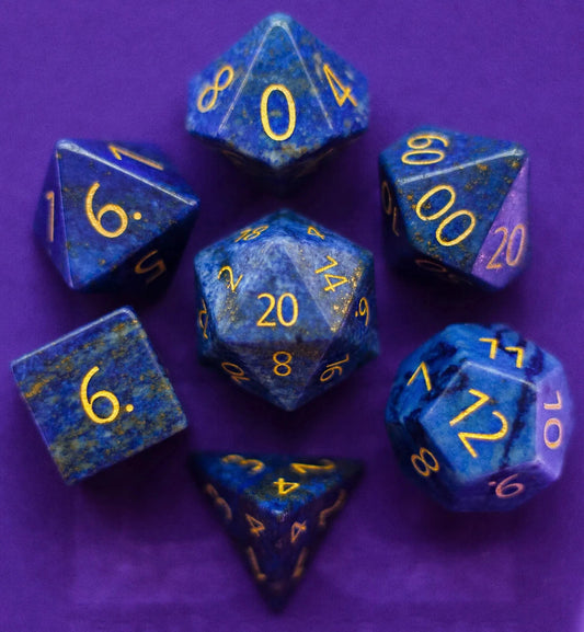 Engraved Lapis Lazuli: Full-Sized 16mm Polyhedral Dice Set MDG0210