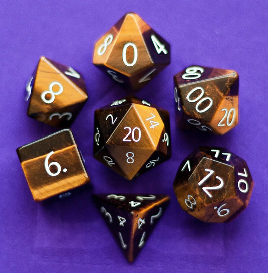 Engraved Tiger’s Eye: Full-Sized 16mm Polyhedral Dice Set MDG0218