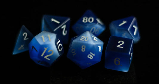 Cat’s Eye Frosted Blue: Full-Sized 16mm Polyhedral Dice Set MDG0237